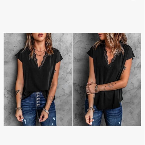 lime flare Dressy Lace Trim Blouse Tops Popular Short Sleeve Shirt - Picture 5 of 5